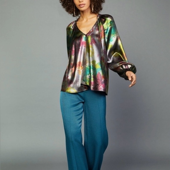 Anthropologie Current Air Goldie Metallic Floral Long Sleeve Blouse Size XS - Picture 3 of 13